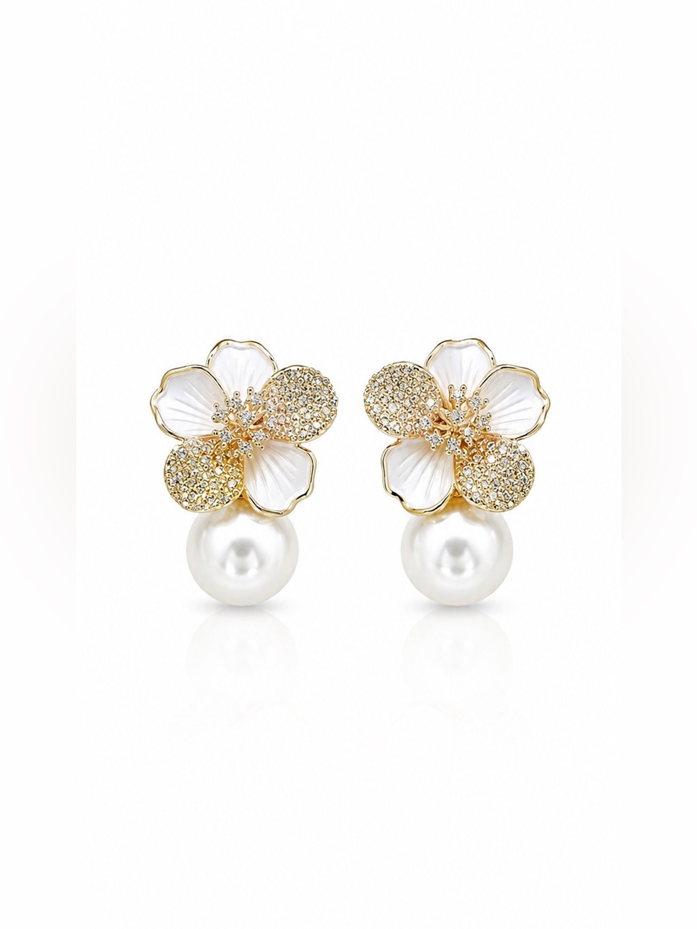 Gold Floral Pearl Drop Earrings - White & Gold